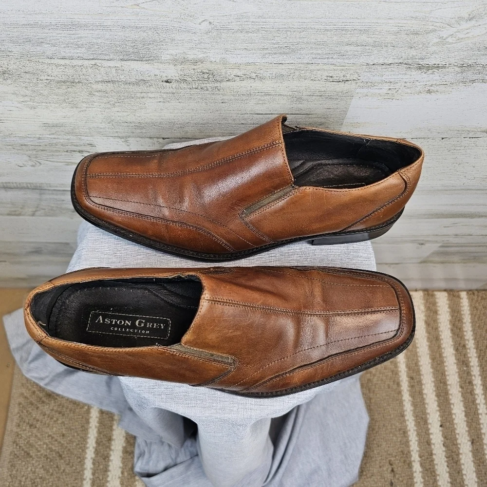 Aston Grey Collection Monterey Leather Loafers Mens Size 9 Cognac Slip On Dressy
